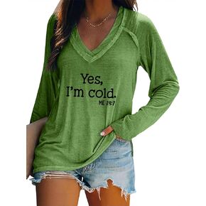 سويت شيرت نسائي Yes I'm Cold برقبة على شكل حرف V وأكمام طويلة، وسترات كاجوال فضفاضة برسومات