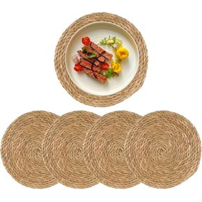 Round Woven Placemats Set of 4, 12" Boho Rattan Placemats Natural Hand-Woven Water Hyacinth Placemats, Farmhouse Weave Place Mats, Rustic Braided Wicker Table Mats for Dining Table,Home,Wedding