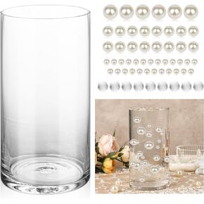 Glass Vase Flower Vase Tall Clear Cylinder Round Vase for Centerpieces Hurricane Floating Candle Holders Wedding Party Home Decor, with Extra Water Gel Beads and Pearls