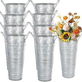 KINJOEK 8 PCS 9 Inch Galvanized Metal Flower Vases, Rustic Farmhouse French Flower Bucket Pots with Handle, Tall Galvanized Metal Vases for Centerpieces, Planter, Home Decor, Silver