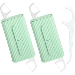 2 Case Portable Dental Floss Dispenser with Adult Flosser Sticks 20 Count, Travel Floss Case for Cleaning Teeth and Oral Care, Refillable Flossers Boxes for Dinners, Dating, Travel, Hotels (Green)