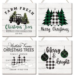 Gerrii 4 Pieces Christmas Wall Hanging Decor Merry Christmas Sign Christmas Trees Buffalo Plaid Truck Decor Wooden Farmhouse Hanging Plaque Xmas Wreath for Home Front Door Holiday Decor (Plaid Style)