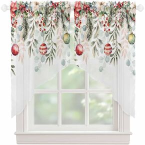 Christmas Poinsettia Sheer Swag Curtain Valances for Kitchen 2 Pieces, Winter Holly Berry Flower Eucalyptus Leaves Ball Rod Pocket Semi Sheer Valance/Swags for Small Windows Bedroom Living Room 36 in