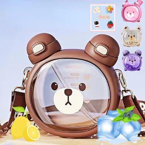 Kawaii Water Bottle with Straw Double Drinking 25oz Cute Bear Portable Leakproof Drink Bottle Adjustable Shoulder Strap for School Office Travel (Brown)