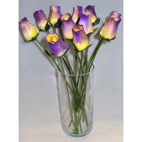 2 Dozen (24) Hand Crafted Birch Wood Wooden Closed Tea Bud Roses for Weddings, Party Favors, All Occasion, Home Decor (Plum/Yellow)