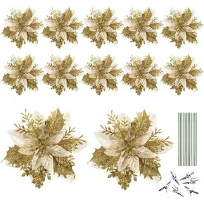 Christmas Poinsettia Flowers Glitter Poinsettias Christmas Tree Ornaments Artificial Flowers for Christmas Tree Decoraiton with Stems and Clips, 12 Pieces (Color)