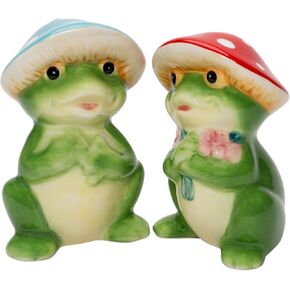21088 Fine Ceramic Happy Frog Couple in Fairy Forest Musroom Design Salt & Pepper Set, 3-1/2" H