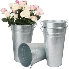 4 Packs 11.8 Inch Tall, Galvanized Metal Vases with Handles, Rustic Tall Flower Buckets for Cut Flowers, Country Wedding, Table Centerpiece Decorations, Vintage Style Flower Containers, by GENHAKON