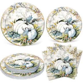 Whaline Fall Party Supplies Kit Serves 24 Blue Pumpkin Paper Plates and Napkins for Autumn Harvest Thanksgiving Dinner Party Supplies, 72Pcs