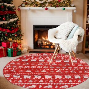 Christmas Round Area Rug Washable Circular Rug 4ft Christmas Round Rugs Farmhouse Plaid Round Carpet Small Round Rug for Living Room Bedroom Dining Room Nursery(Plaid-Tree)