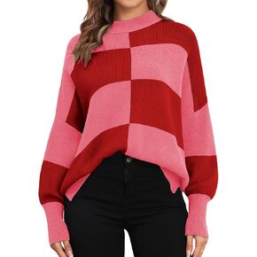 ZAFUL Womens 2024 Trendy Sweater Checkered Oversized Pullover Sweaters Side Slit Cozy Fall Winter Jumper Tops