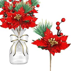 BANBERRY DESIGNS Red Poinsettia Christmas Picks - Set of 10 Holiday Sprays Red and Gold Trimmed Poinsettias - Berries and Pine Needle Accents Use for Decoration and in Crafting. 7.5" L