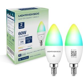 Matter Candelabra Smart Light Bulbs 60W Equivalent, 500LM 6W E12 LED Bulb Compatible with Alexa/Siri/Apple Home/Google Home/SmartThings, RGBCW Candle Bulb, 2.4G WiFi, ETL Listed, 2PCS
