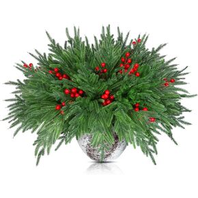 48 قطعة من فروع صنوبر نورفولك للكريسماس من Giegxin مع سيقان التوت الأحمر مقاس 45.72 سم من سيقان صنوبر نورفولك الاصطناعية أغصان زينة عيد الميلاد الاصطناعية لعيد الميلاد DIY Craft Garland ديكور المنزل in Kuwait