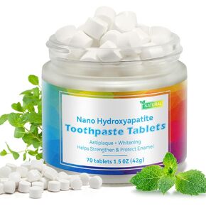 Toothpaste Tablets, Nano Hydroxyapatite Toothpaste, Flouride & Plastic Free and Remineralizing, Travel Size Toothpaste, Peppermint, 70 Tablets