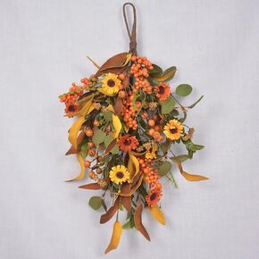 19.7inch Fall Harvest Teardrop Swag, Artificial Pumpkin Berry Front Door Wall Hanging Harvest Garland Autumn Thanksgiving Wreath for Indoor Outdoor Christmas Halloween Decor(A)