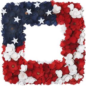 National Tree Company Artificial Patriotic Hanging Square Wreath, Wooden Base, Decorated with Red, White and Blue Flowers, Stars, 4th of July Collection, 22 Inches