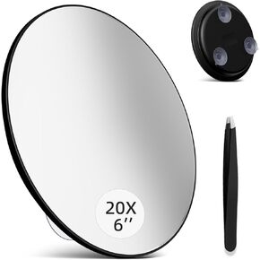 Large 6" 20x Magnifying Mirror with Tweezers, Travel Magnified Mirror 20x with Suction Cups, High Magnification Travel Magnifying Mirror 20x, Round Magnified Make up Mirror
