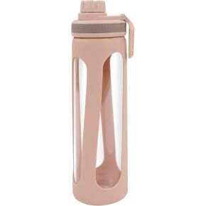 Modern-Depo 20oz Water Bottles with Water Jug Lid Handle Reusable Fitness Sports Bottle Odor Proof and Stain Resistant, Protective Sleeved Glass Bottle, Khaki