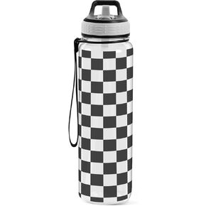 Black White Checkered Pattern Sports Water Bottle with Straw Lid Tritan Water Bottle Large 32oz BPA Free Clear Leakproof Drinking Bottle for Kids Boys Girls Women Men Gym School
