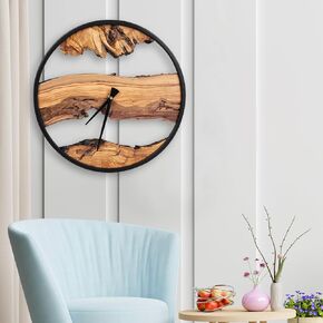 Wooden Wall Clock Natural Wood Grain Handmade Silent Non-Timing Rustic Style Large Clock Irregular Shape Living Room Home Decor Modern Black Metal Frame Live Edge Clock (Log)