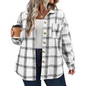 IN'VOLAND Women's Plus Size Plaid Shacket Long Sleeve Button Down Flannel Shirts Casual Jacket Coats