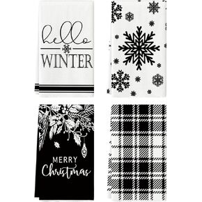 Artoid Mode Black Buffalo Plaid Snowflake Merry Christmas Kitchen Towels Dish Towels, 18x26 Inch Stripes Leaves Winter Decoration Hand Towels Set of 4