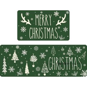 Mocsicka Christmas Kitchen Rug Set of 2, Merry Christmas Holiday Non Slip Kitchen Mats for Floor Winter Xmas Trees Home Decor Kitchen Floor Rugs for Hallway Laundry Room, 17"x30"+17"x47" (Red)