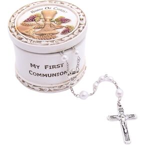 White 8mm Wooden First Communion Rosary with Cast Resin Round Body of Christ Keepsake Box