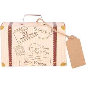 50Pcs Mini Suitcase Favor Box, Travel Suitcase Favor Boxes with Tags and Burlap Twine Vintage Gift Bag Candy Boxes for Travel Theme Party, Wedding, Birthday, Bridal Shower
