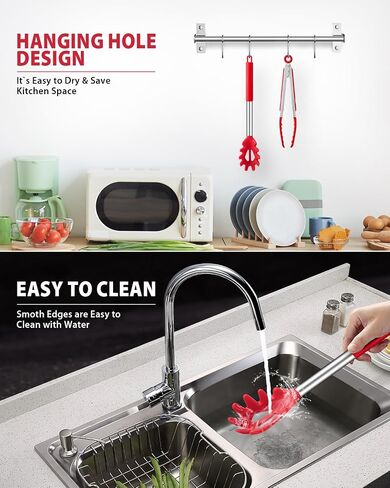 ملعقة سباغيتي وملقط معكرونة، شوكة ملعقة سيليكون غير لاصقة مع أسنان ومقبض من الفولاذ المقاوم للصدأ، ملقط سباغيتي، مشبك طعام لنودلز السباغيتي، أحمر in Saudi Arabia