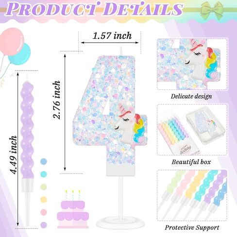 MTLEE Number 4 Birthday Candles Unicorn Number Candle with 12 Rainbow Spiral Candles for Girls Birthday Cake Sequin Numeral Princess Candle Number Birthday Cake Topper for Unicorn Birthday Decorations in Kuwait