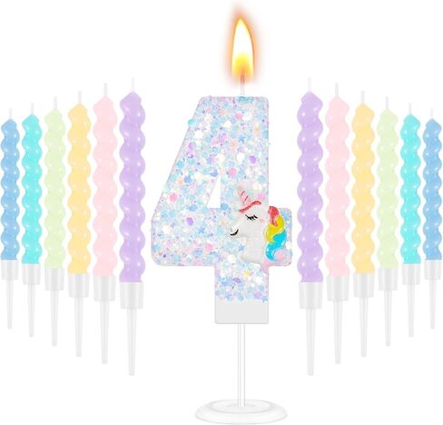 MTLEE Number 4 Birthday Candles Unicorn Number Candle with 12 Rainbow Spiral Candles for Girls Birthday Cake Sequin Numeral Princess Candle Number Birthday Cake Topper for Unicorn Birthday Decorations in Kuwait