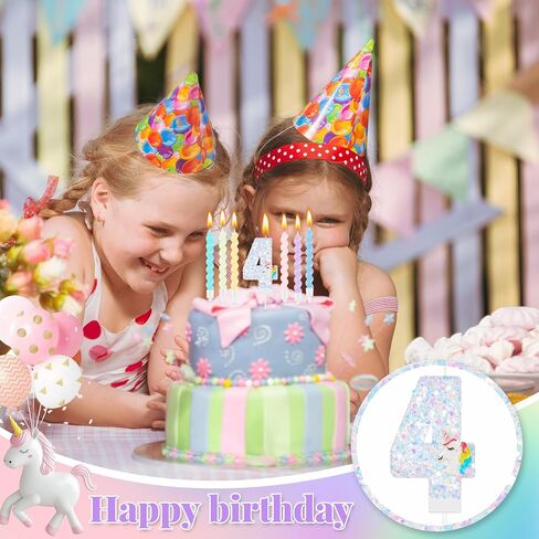 MTLEE Number 4 Birthday Candles Unicorn Number Candle with 12 Rainbow Spiral Candles for Girls Birthday Cake Sequin Numeral Princess Candle Number Birthday Cake Topper for Unicorn Birthday Decorations in Kuwait