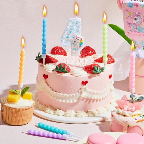 MTLEE Number 4 Birthday Candles Unicorn Number Candle with 12 Rainbow Spiral Candles for Girls Birthday Cake Sequin Numeral Princess Candle Number Birthday Cake Topper for Unicorn Birthday Decorations in Kuwait