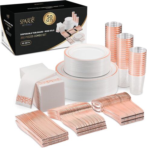 Gold Plastic Plates For Party - Gold Plastic Silverware - 350 PC Wedding Dinnerware Set For 50 Guests, 100 Gold Plastic Party Plates, 50 Cups, 50 Gold Cutlery Sets & 50 Napkins - By SparkSettings in Saudi Arabia