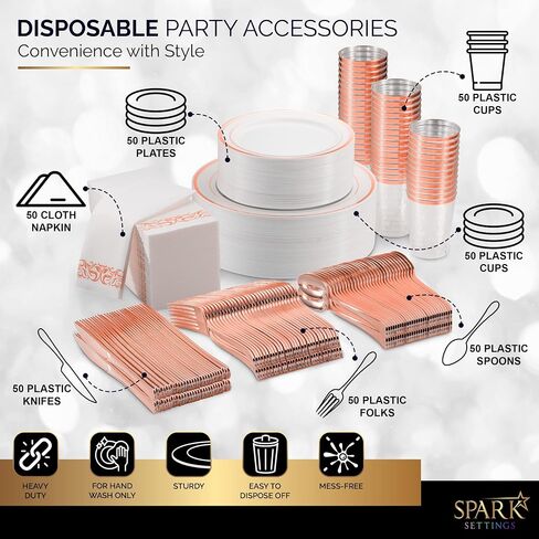 Gold Plastic Plates For Party - Gold Plastic Silverware - 350 PC Wedding Dinnerware Set For 50 Guests, 100 Gold Plastic Party Plates, 50 Cups, 50 Gold Cutlery Sets & 50 Napkins - By SparkSettings in Saudi Arabia