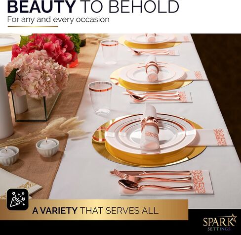 Gold Plastic Plates For Party - Gold Plastic Silverware - 350 PC Wedding Dinnerware Set For 50 Guests, 100 Gold Plastic Party Plates, 50 Cups, 50 Gold Cutlery Sets & 50 Napkins - By SparkSettings in Saudi Arabia