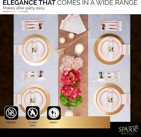 Gold Plastic Plates For Party - Gold Plastic Silverware - 350 PC Wedding Dinnerware Set For 50 Guests, 100 Gold Plastic Party Plates, 50 Cups, 50 Gold Cutlery Sets & 50 Napkins - By SparkSettings in Saudi Arabia