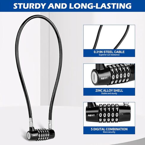 Cable Locks with Combination,Steel Cable Rope Wire 4-Digit Combination Lock with Resettable Code for Bikes, Lockers, File Cabinets, Wardrobes, Small Fences,gate Lock, Pool Padlock. in Kuwait