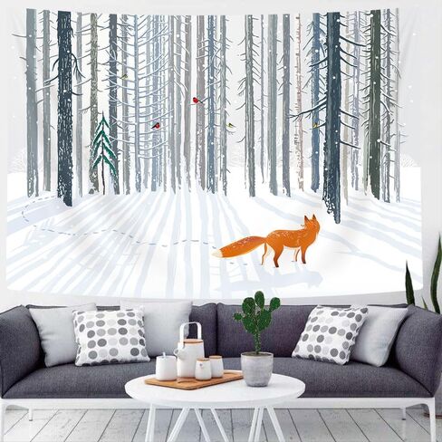Jawo 71x60 بوصة الشتاء عيد الميلاد نسيج الجدار شنقا الثعلب في الغابة مشهد المفروشات لغرفة النوم غرفة المعيشة النوم جدار ديكور النسيج خلفية in Kuwait