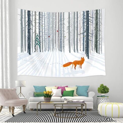 Jawo 71x60 بوصة الشتاء عيد الميلاد نسيج الجدار شنقا الثعلب في الغابة مشهد المفروشات لغرفة النوم غرفة المعيشة النوم جدار ديكور النسيج خلفية in Kuwait