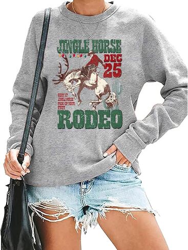 QIANRUO Cowboy Christmas Sweatshirt Women Funny Letter Print Cowgirl Xmas T-Shirt Casual Long Sleeve Rodeo Pullover Tops in Saudi Arabia