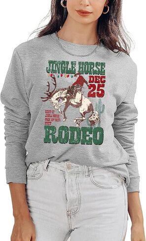 QIANRUO Cowboy Christmas Sweatshirt Women Funny Letter Print Cowgirl Xmas T-Shirt Casual Long Sleeve Rodeo Pullover Tops in Saudi Arabia