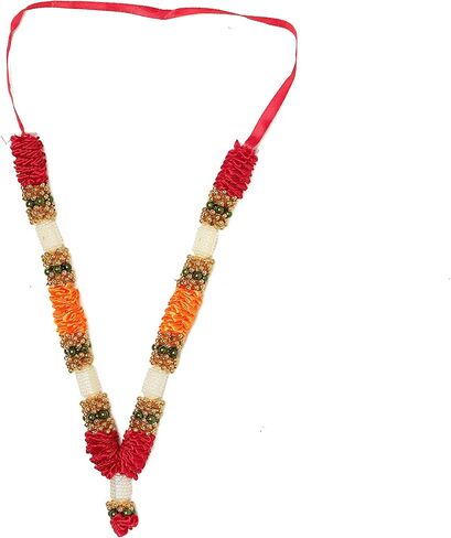 مجموعة Aditri Creation مكونة من 4 زهور صناعية باللون الأحمر والبرتقالي وشريط إكليل هار مالا من أجل Idol-Mala for God، زينة مقالات Pooja Sringar (مقاس 7 بوصات) in Kuwait