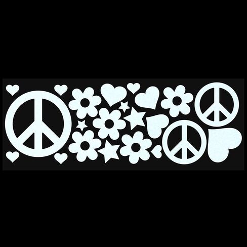 LiteMark Reflective Black Sixties Peace and Love Sticker, 60's Style - Pack of 22 Pcs (Hearts, Stars, Flowers, and Peace Signs) in Saudi Arabia