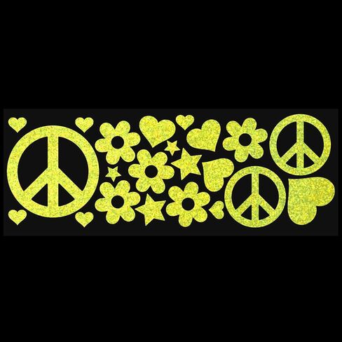 LiteMark Reflective Black Sixties Peace and Love Sticker, 60's Style - Pack of 22 Pcs (Hearts, Stars, Flowers, and Peace Signs) in Saudi Arabia