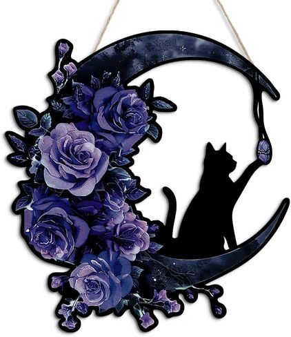Putuo Decor Halloween Wreath for Front Door Gothic Black Cat Moon Design with Roses, Halloween Door Sign for Front Door Wall Decor (Purple) in Saudi Arabia
