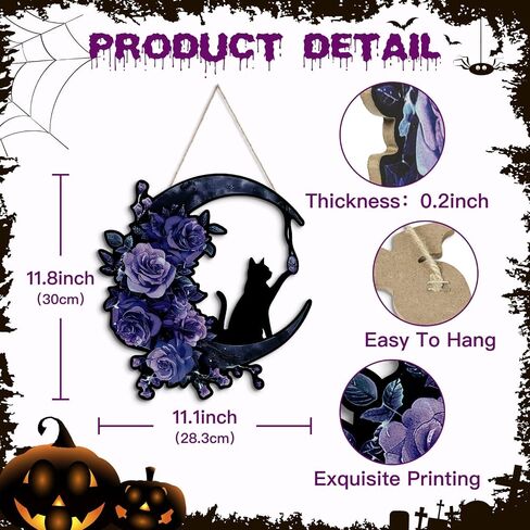 Putuo Decor Halloween Wreath for Front Door Gothic Black Cat Moon Design with Roses, Halloween Door Sign for Front Door Wall Decor (Purple) in Saudi Arabia