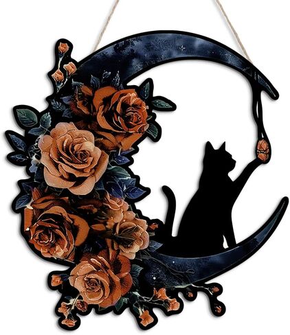 Putuo ديكور إكليل الهالوين للباب الأمامي تصميم القمر القط الأسود القوطي مع الورود، علامة باب الهالوين لديكور جدار الباب الأمامي (أرجواني) in Kuwait